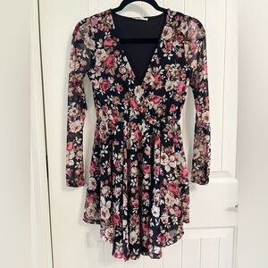 Floral V-Neck Dress - Pink and Black S